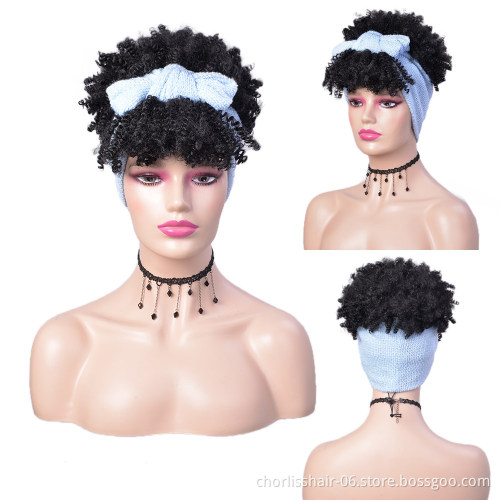 New Arrival Blonde Short Fluffy Kinky Curly Turban Wig With Bangs Cheap Afro Headband Wigs Synthetic Hair Wigs For Black Women